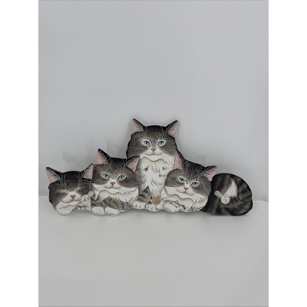 CATS Coat Hat Purse Hanger Rack Wall Mount Wood Hand Painted‎ Kitties VTG MEOW